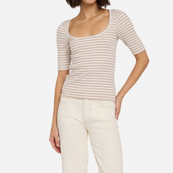 Faherty Tee Freestyle Rib Knit Short Sleeve Pima Blend Neutral Desi Stripe M NWT - Picture 14 of 14